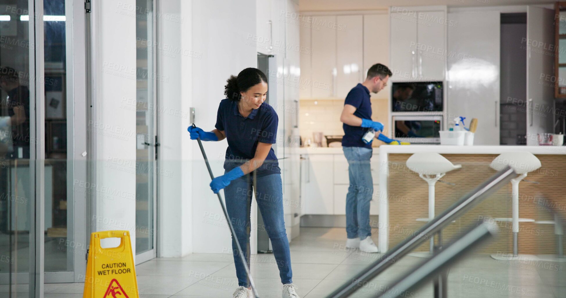 Buy stock photo Cleaner, woman and mopping floor in office for fumigation, disinfect and safety suit from disease risk in building. Maintenance, person and chemical liquid of pest control, health and hygiene 