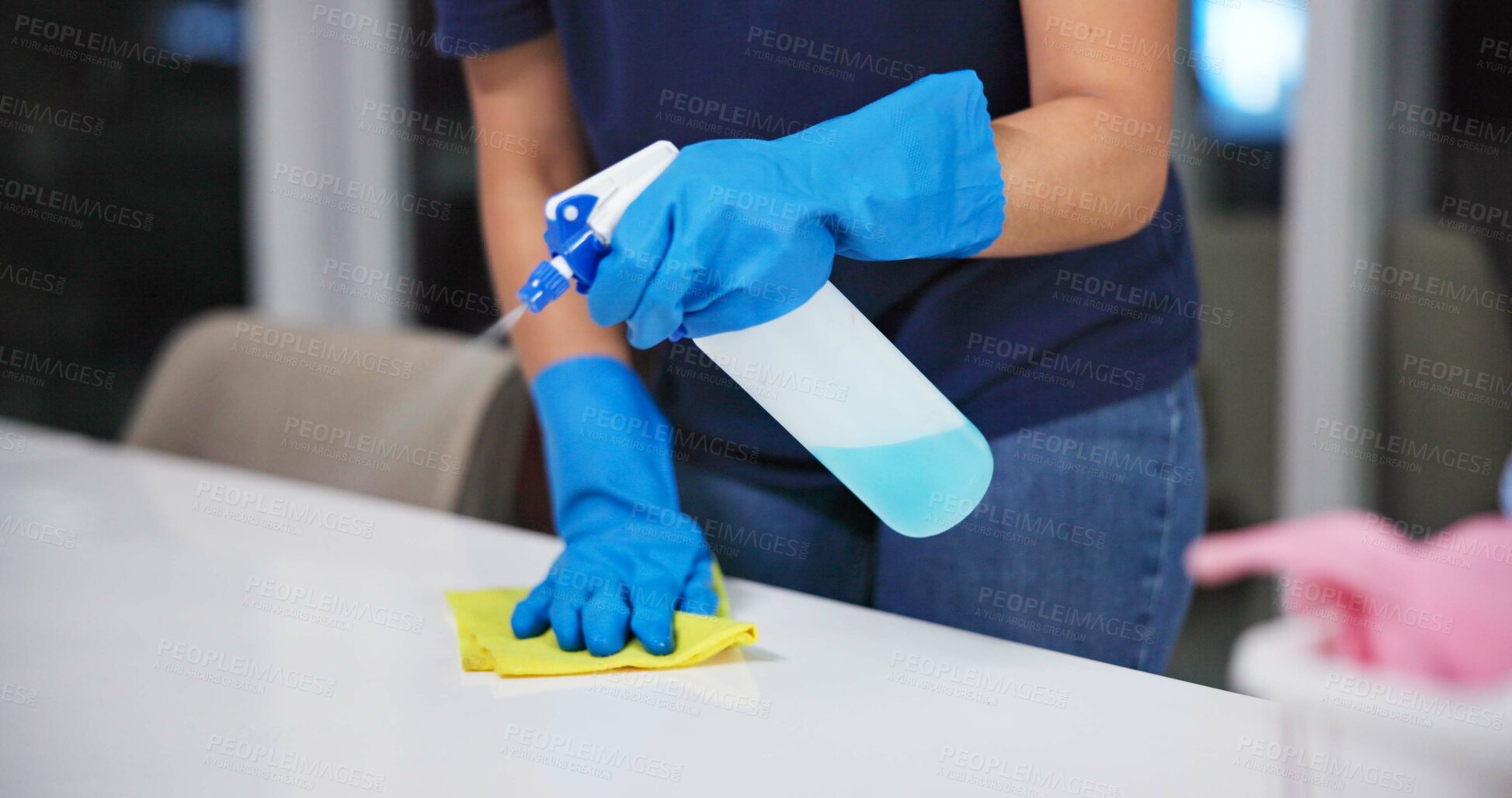 Buy stock photo Hands, cleaner and sanitizer for hygiene, fresh and disinfectant for virus protection or housekeeping. Person, worker and spray for bacteria, disease and prevention in office as janitor for company