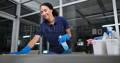 Buy stock photo Cleaner, cleaning table woman in office from dust, spray disinfect and protection from disease risk in building. Maintenance, person and chemical liquid for pest control, health and hygiene safety