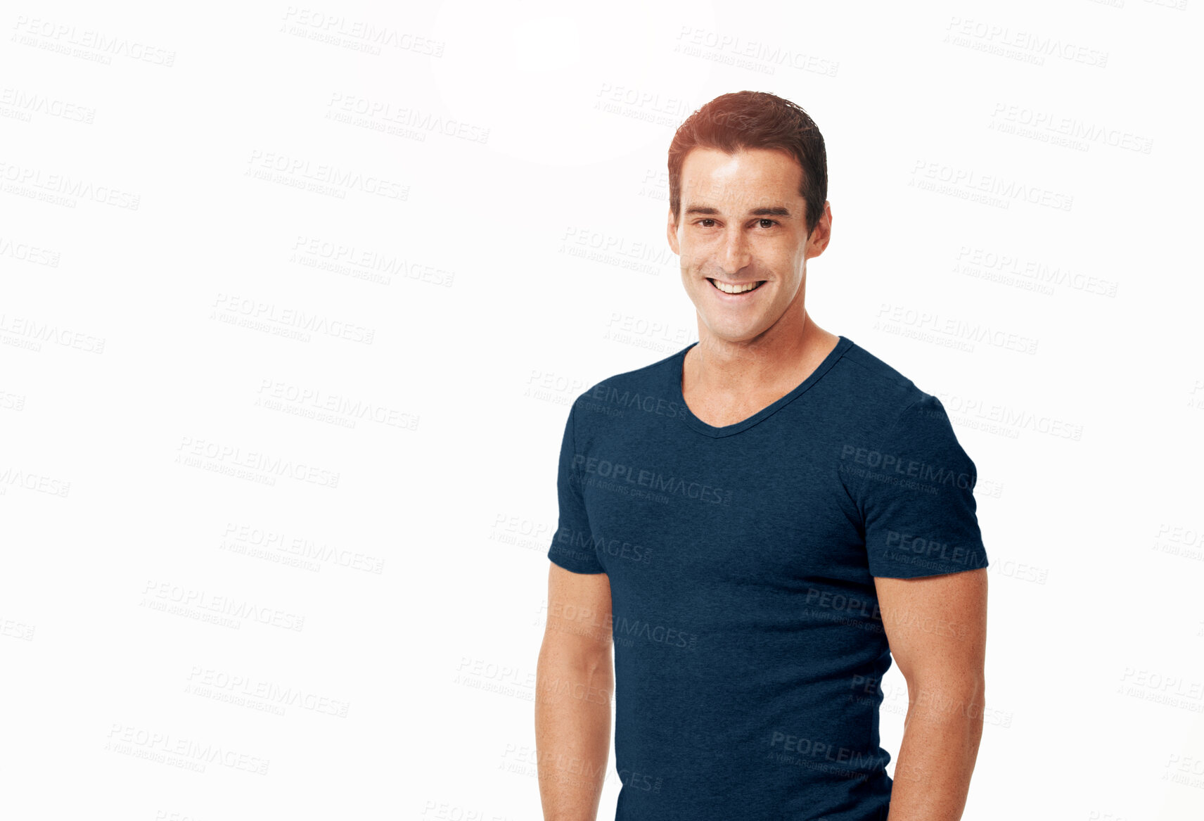 Buy stock photo Portrait, happy and man in studio for fitness, health or wellness on white background mockup space. Face, sports and personal trainer with smile in tshirt for exercise, ready and confident in USA