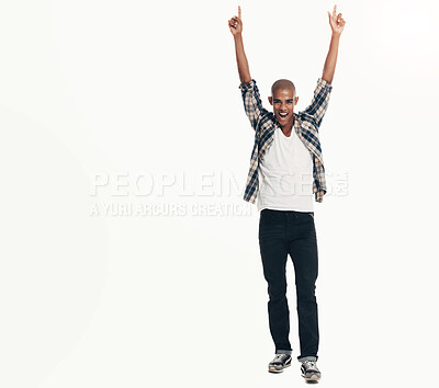 Buy stock photo Portrait, arms up and man with smile, cheering and person isolated on white studio background. Celebration, guy and model with happiness, excited or mockup space with victory, winning or success