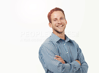 Buy stock photo Proud, happy and confident portrait of businessman with arms crossed and cheerful mindset with smile for advertising. Happiness of handsome worker at white studio background with mockup.

