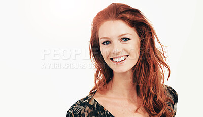 Buy stock photo Lovely young woman with red hair smiling happily, isolated on white - copyspace