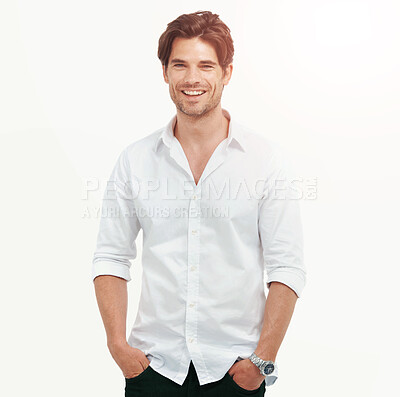 Buy stock photo Handsome, young and man in a studio with a casual, brand apparel and luxury classy outfit. Fashion, natural and portrait of male model from Canada with trendy clothes isolated by white background.