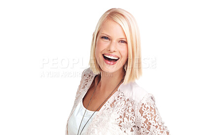 Buy stock photo Portrait, confident and woman with fashion, style and beauty smiling isolated against a studio white background. Happiness, excited and young female model happy with a positive mindset