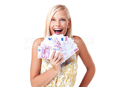 Buy stock photo Happy, euro currency and portrait of a woman with lottery winning money in a studio. White background, isolated and finance success of a model with cash and winner celebration from wealth and deal 