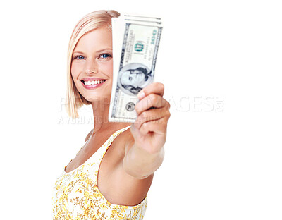 Buy stock photo Woman is happy in portrait, smile with cash in hand, finance and dollars with rich female isolated on white background. Wealth, money and success, lottery winner or salary in studio with mockup space