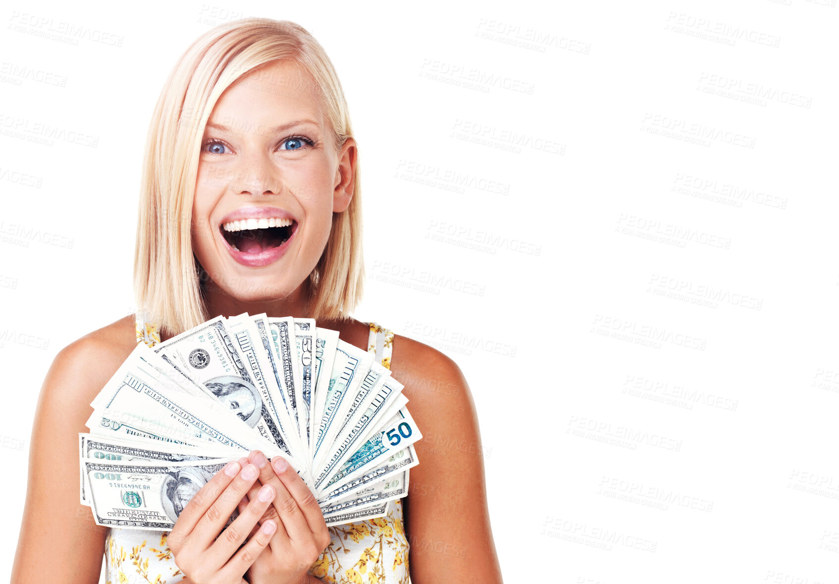 Buy stock photo Excited, money and woman cash prize winner surprised, wow and deal isolated against a studio white background. Rich, euro and portrait of wealthy female with lottery win for financial freedom
