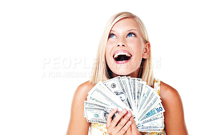 Buy stock photo Winner, money and surprise of woman with dollars in studio isolated on a white background. Winning, wow and happy female model thinking of cash, profit and success after lottery, prize or investment.