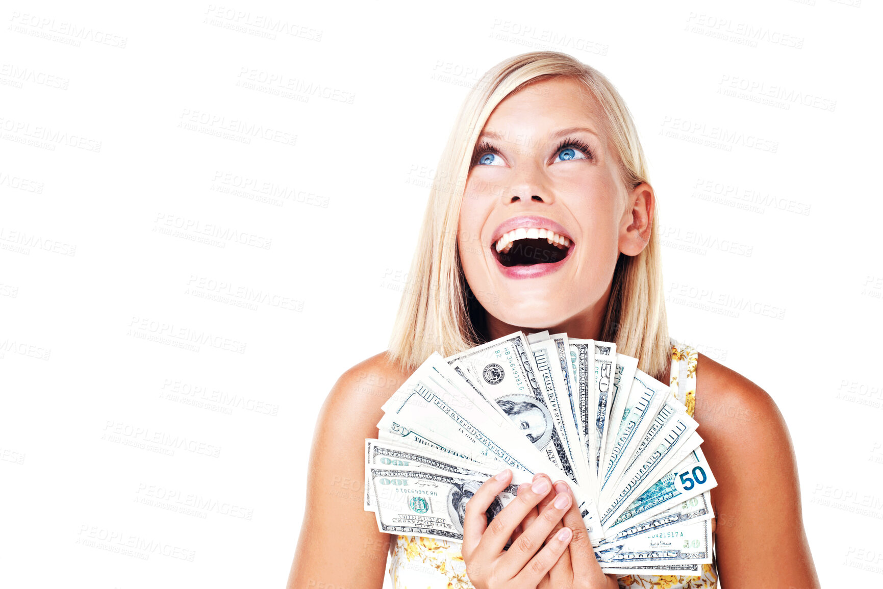 Buy stock photo Winner, money and surprise of woman with dollars in studio isolated on a white background. Winning, wow and happy female model thinking of cash, profit and success after lottery, prize or investment.