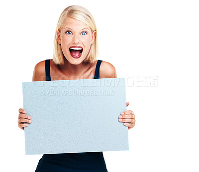 Buy stock photo Mockup, shocked and winner or woman with a board advertising, marketing and billboard for sale, deal or giveaway. Portrait of a female showing brand on a poster isolated in a studio white background