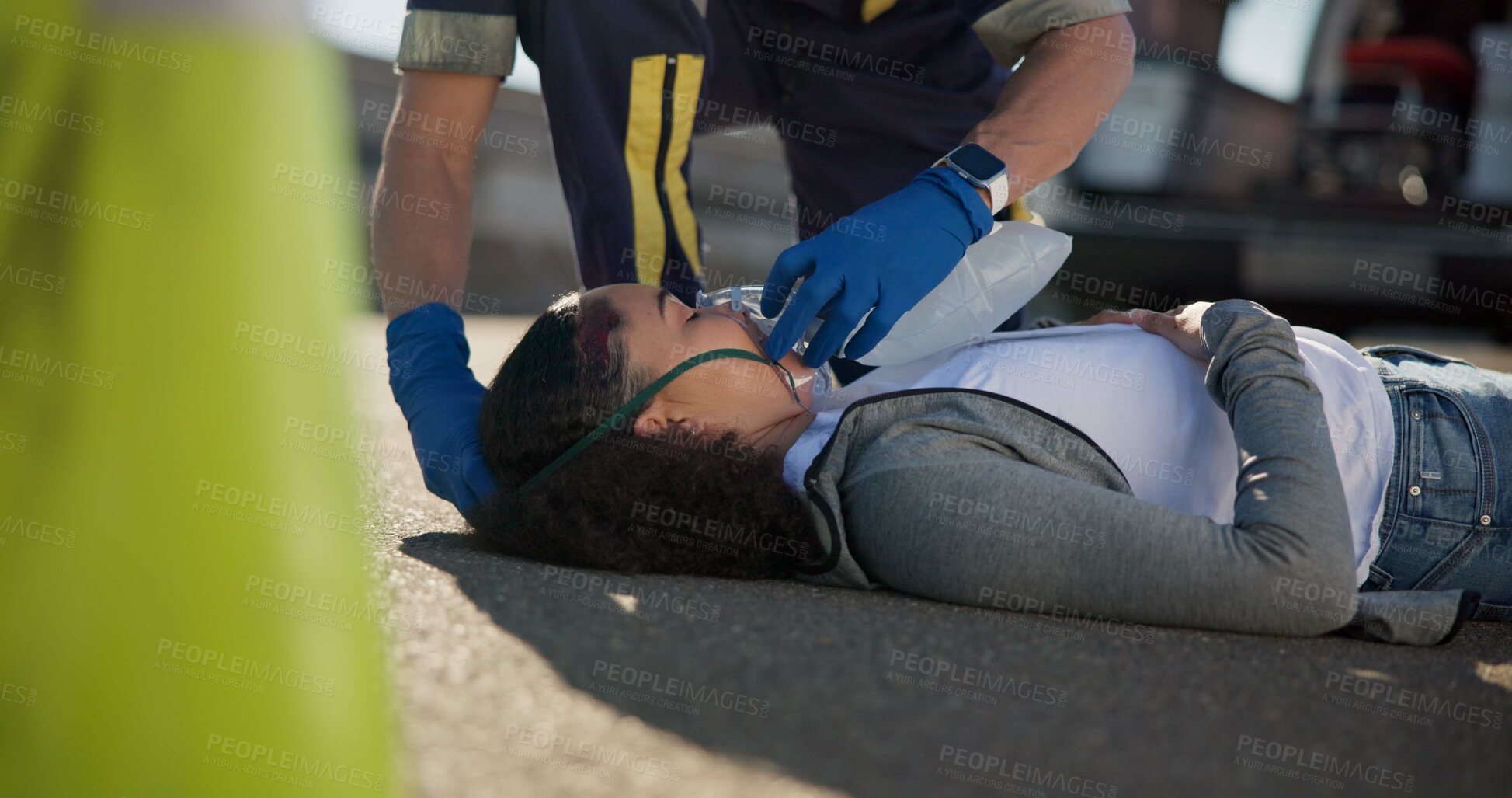 Buy stock photo Woman, accident and emergency on road with oxygen for life support, medical or trauma with ventilation. Paramedic, first aid or health insurance or air mask for breath on street, ems or crisis