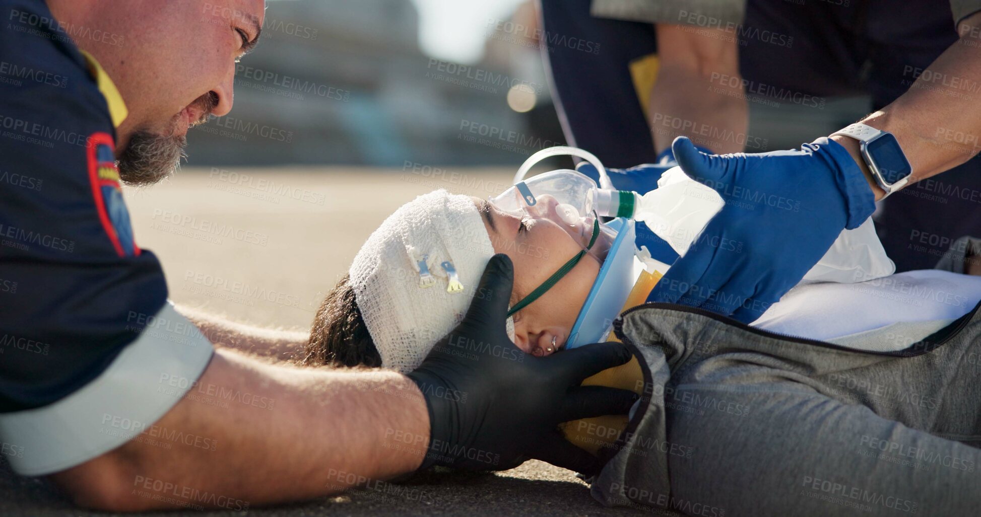 Buy stock photo Paramedic, emergency and injury on road with concussion check from accident with help, EMT man and first aid. Patient, ambulance and medical people with rescue on stretcher for transport to clinic 