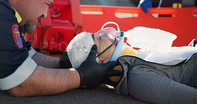 Buy stock photo Person, safety and emergency on road with oxygen for life support, medical response to trauma with ventilation. Accident, first aid or health insurance or air mask for breath on street, ems or crisis