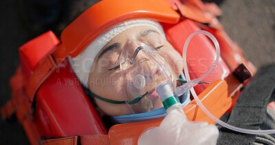 Buy stock photo Person, accident and emergency on road with oxygen for life support, medical response to trauma with ventilation. Safety, first aid or health insurance or air mask for breath on street, ems or crisis