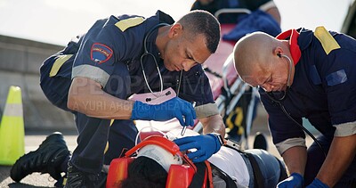 Buy stock photo People, accident and emergency on road with flashlight for pupil response, head trauma or life support with check. Safety, first aid or health insurance or concussion injury on street, ems or crisis