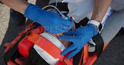 Buy stock photo Person, accident and ems on street with oxygen for life support, medical response to trauma with ventilation. Safety, first aid or health insurance or air mask for breath on road, emergency or crisis