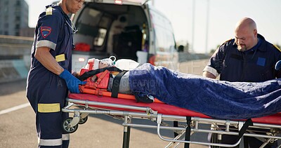 Buy stock photo Person, accident or emergency on road with stretcher for  support, medical or trauma with ventilation. Safety, first aid or health insurance or air mask for breath on street, ems or crisis outdoor