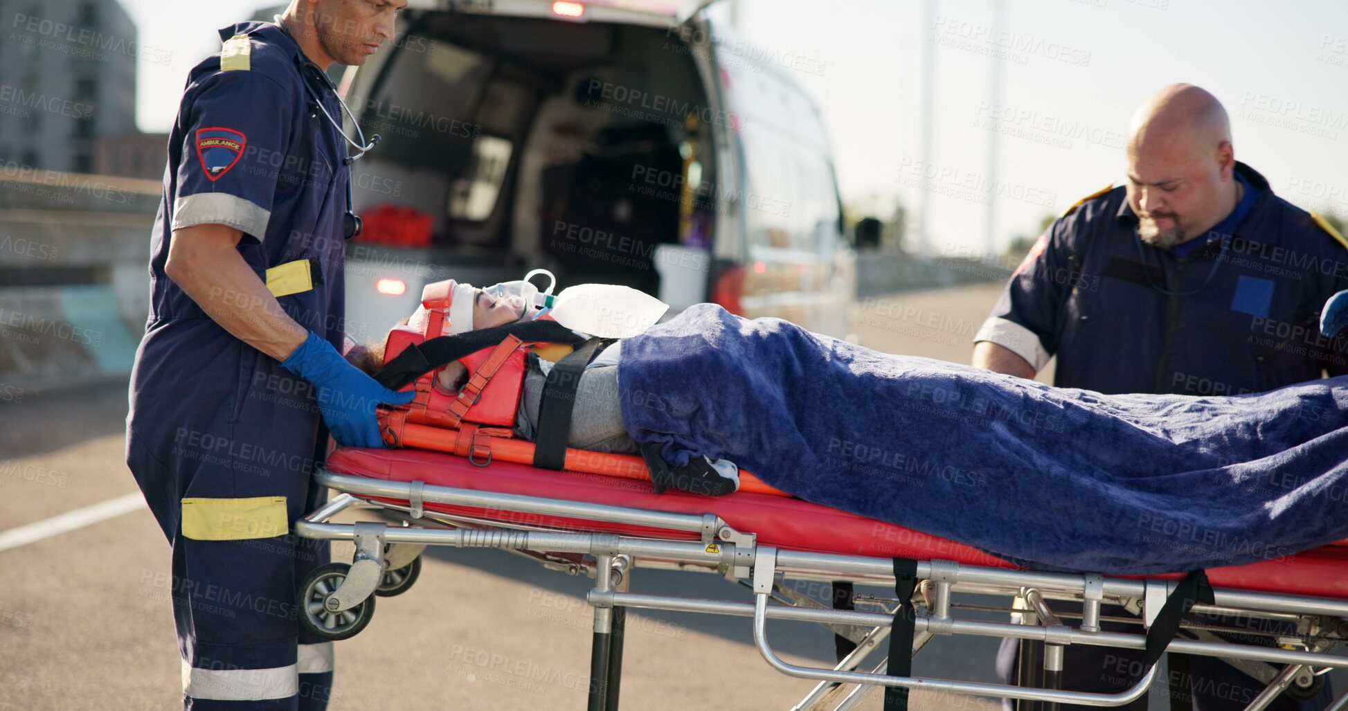 Buy stock photo Person, accident or emergency on road with stretcher for  support, medical or trauma with ventilation. Safety, first aid or health insurance or air mask for breath on street, ems or crisis outdoor