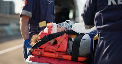 Buy stock photo People, accident and emergency on road with ventilation for life support, medical response to trauma with oxygen. Safety, first aid or health insurance or air mask for breath on street, ems or crisis