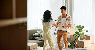 Buy stock photo Happy couple, excited and moving house with boxes, new home and milestone in bonding together. Woman, man and lounge in apartment with marriage, support and progress for pride, love and relationship