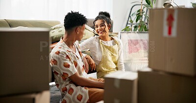 Buy stock photo Happy couple, boxes and moving house with apartment, new home and milestone in bonding together. Woman, man and excited in lounge with marriage, support and progress for pride, love and relationship