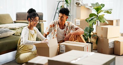 Buy stock photo Couple, people and new home or unpacking boxes, love and relationship for property investment. Apartment, living room and mortgage or moving, furniture and partnership for care for unboxing in lounge