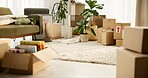 Room, boxes and moving in house, couch and investment of real estate, empty and shipping of luggage. Furniture, cardboard and new home with loan, mortgage and property of apartment and relocation