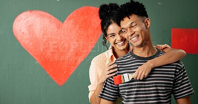 Buy stock photo Painting, heart and happy couple hug in home, DIY or remodel by green wall in room for improvement. Romantic people, man or woman in house together with smile, love shape or fun renovation teamwork 