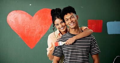 Buy stock photo Portrait, love and couple hug in painting renovation, DIY or remodel by green wall in room for improvement. Romantic, man and woman in house together working with smile, heart shape or fun teamwork 