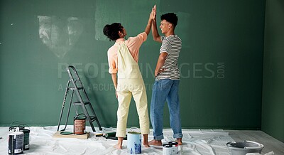 Buy stock photo Couple, people and high five with painting wall for house renovations, upgrade and bonding. Home, relationship and happy or smile for fun with support, care and teamwork for love with partner