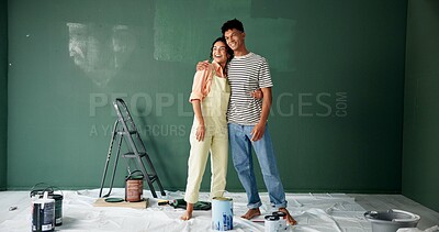 Buy stock photo Couple, people and smile with painting wall for house renovations, upgrade and bonding. New home, relationship and happy for makeover for fun with support, care and teamwork for love with diy