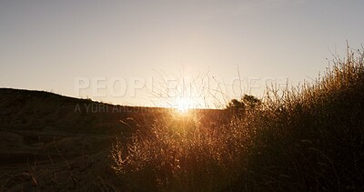 Buy stock photo Nature, sky and sunrise with view of horizon outdoor in eco friendly environment for sustainability. Background, earth and hiking trail with landscape of grassy terrain in natural green ecosystem