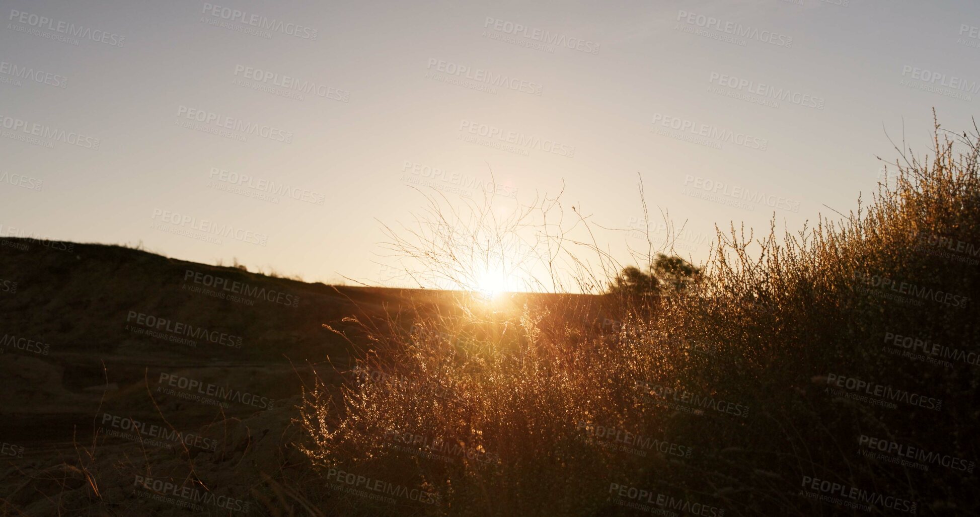 Buy stock photo Nature, sky and sunrise with view of horizon outdoor in eco friendly environment for sustainability. Background, earth and hiking trail with landscape of grassy terrain in natural green ecosystem