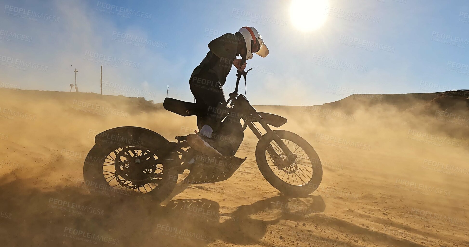Buy stock photo Person, motorbike and driving on sand for sports with power speed of training, performance technique and fitness. Athlete, driver and bicycle for travel adventure, dirt cycling and race rally journey
