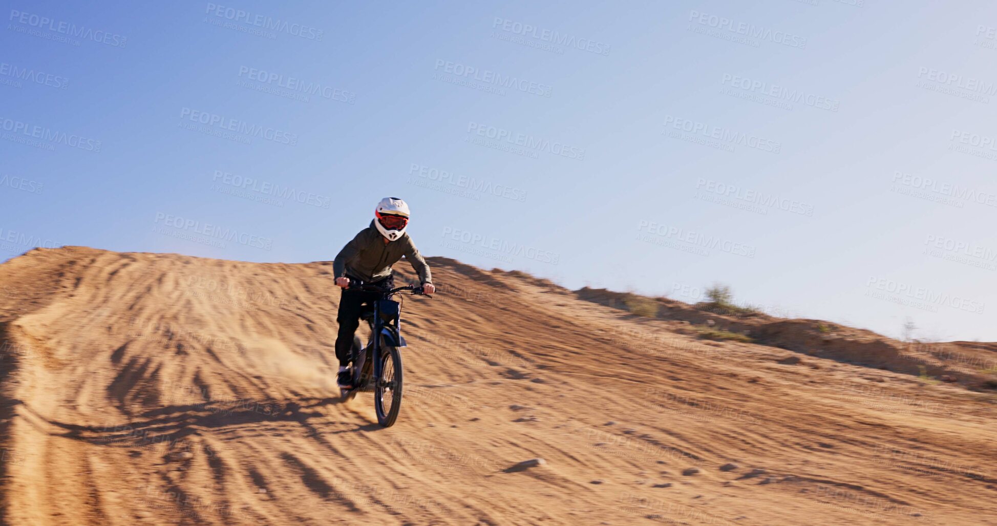 Buy stock photo Person, driving and motorbike on sand for sports with cross country training, performance technique and fitness journey. Athlete, driver and bicycle for travel adventure, dirt cycling and race rally