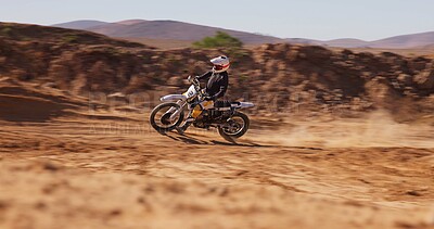 Buy stock photo Person, driving and desert with motorbike for sport of speed training, performance technique and fitness journey. Athlete, driver and bicycle power for travel adventure, dirt cycling and race rally