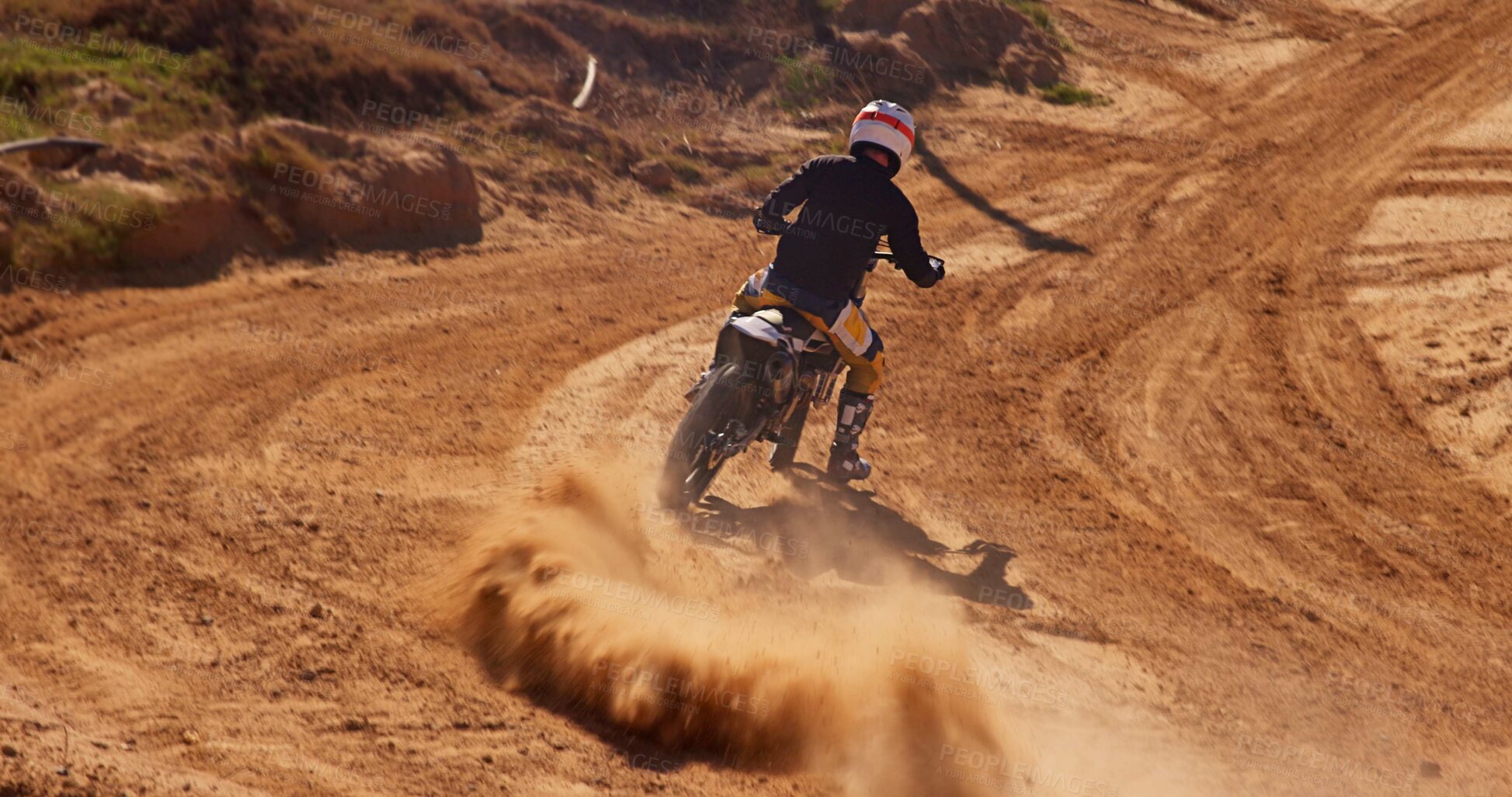 Buy stock photo Person, driving and motorbike with dust for sport of speed training, performance technique and fitness journey. Athlete, driver and bicycle power for travel adventure, dirt cycling and race rally