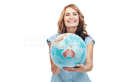 Buy stock photo A pretty young woman showing you Australia on a world globe