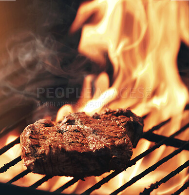 Buy stock photo Closeup of a tasty steak cooking on a fire