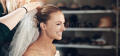 Buy stock photo A young bride getting her hair done before the wedding