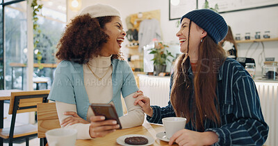 Buy stock photo Girl, friends and phone in coffee shop with laugh, happy meeting and online connection for bonding at lunch. Comedy, smartphone and women in cafe with mobile app, funny chat or social media gossip