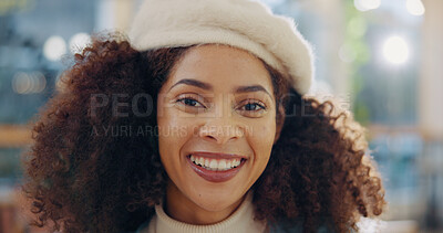 Buy stock photo Artist, woman or happy on portrait in cafe for coffee break, confidence or customer with beret in Brazil. Creative person, face or pride with smile for relax in diner, restaurant or bistro in morning