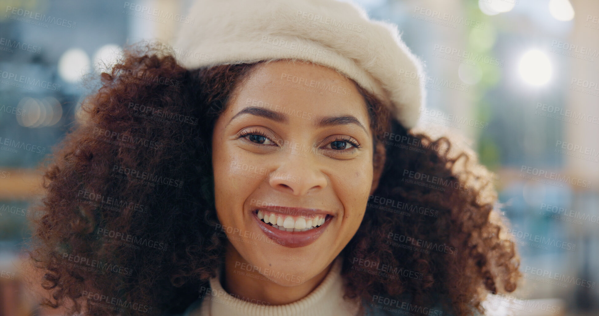 Buy stock photo Artist, woman or happy on portrait in cafe for coffee break, confidence or customer with beret in Brazil. Creative person, face or pride with smile for relax in diner, restaurant or bistro in morning