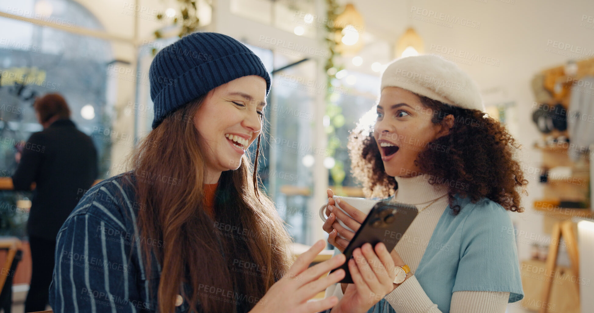 Buy stock photo Girl, friends and phone in cafe with gossip, happy chat or online comedy for surprise at lunch. Bonding, smartphone and women in coffee shop together with mobile app, shock or funny social media post