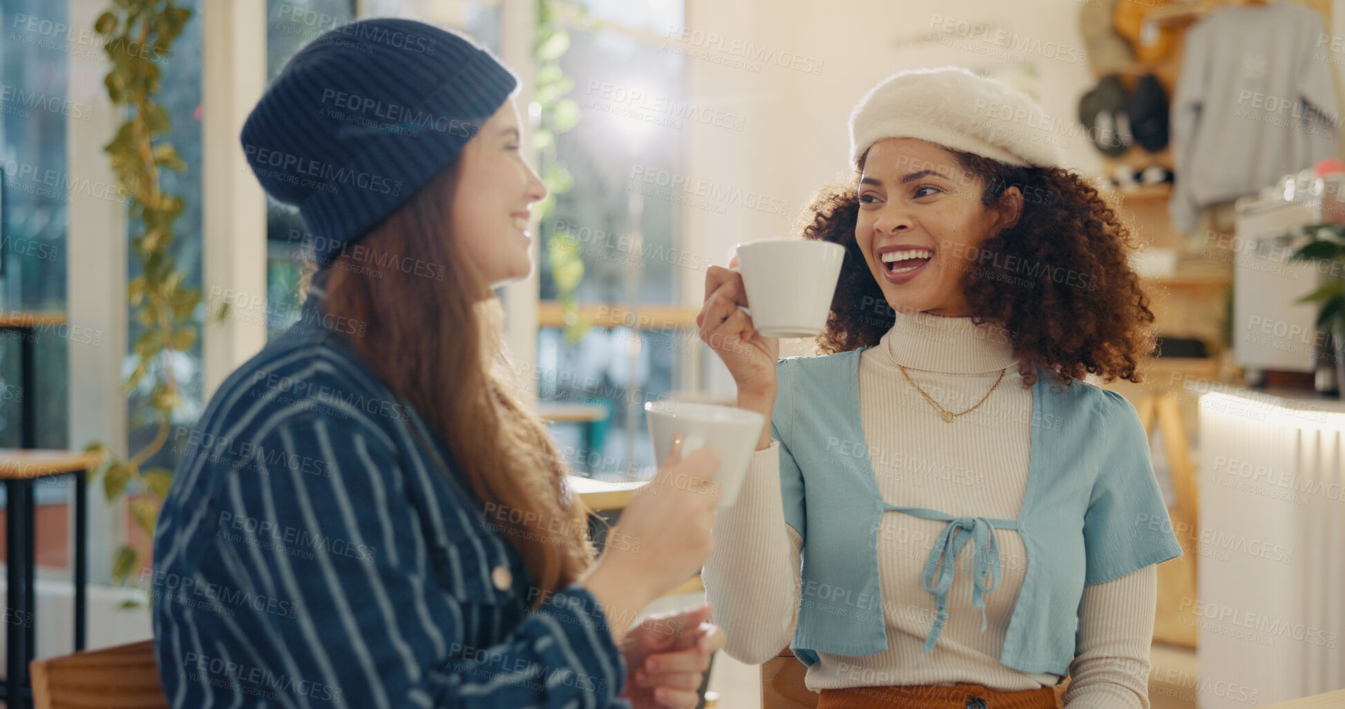 Buy stock photo Girl, friends and fun in coffee shop for social meeting, connection and happy bonding at lunch date. Smile, brunch and women laughing in cafe together with morning drinks, chat and reunion at table