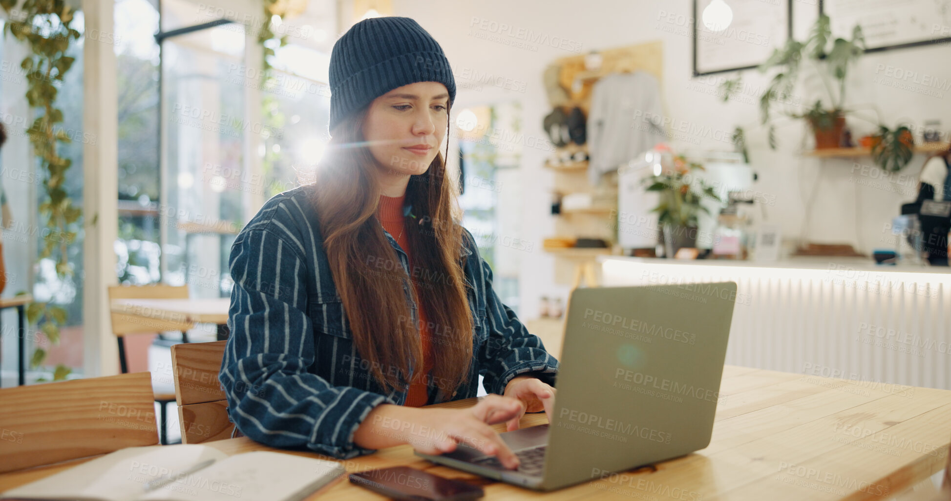 Buy stock photo Woman, typing and laptop in coffee shop for remote work, thinking and planning for freelance job. Person, writer and brainstorming for ideas, editing and problem solving for creative agency in cafe