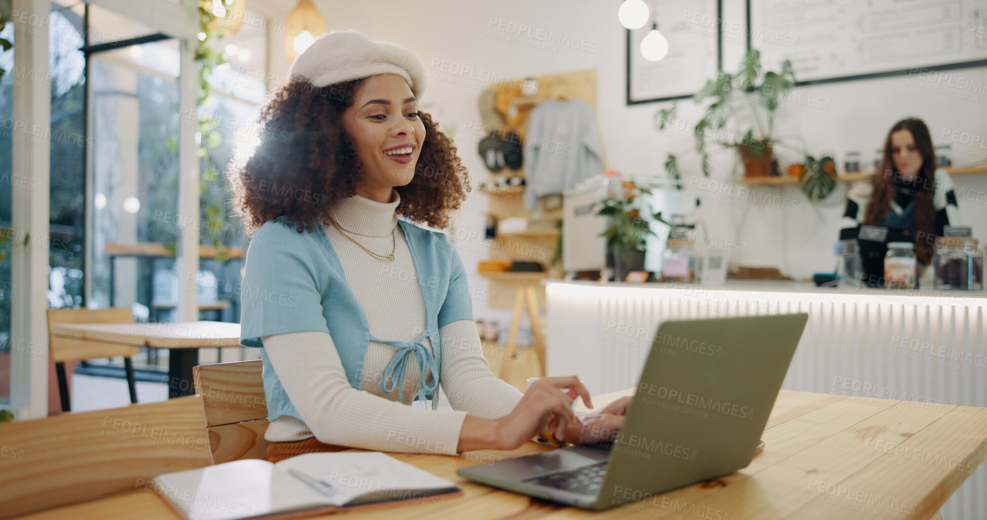 Buy stock photo Smile, laptop and woman in cafe for freelance design job, online research and digital networking. Notes, computer and creative girl in coffee shop for remote work, planning and typing web article