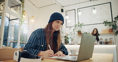 Buy stock photo Woman, book and writing in coffee shop for remote work, laptop and planning with freelance job. Person, writer and brainstorming for ideas, solution and problem solving for creative agency in cafe