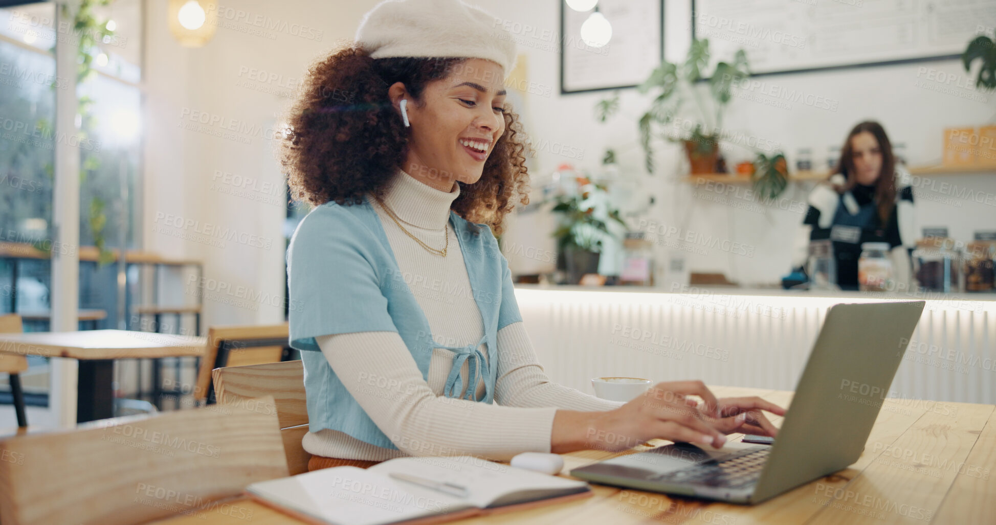 Buy stock photo Smile, laptop and woman in coffee shop for freelance design job, online research and digital networking. Notes, computer and creative girl in cafe for remote work, planning and typing web article